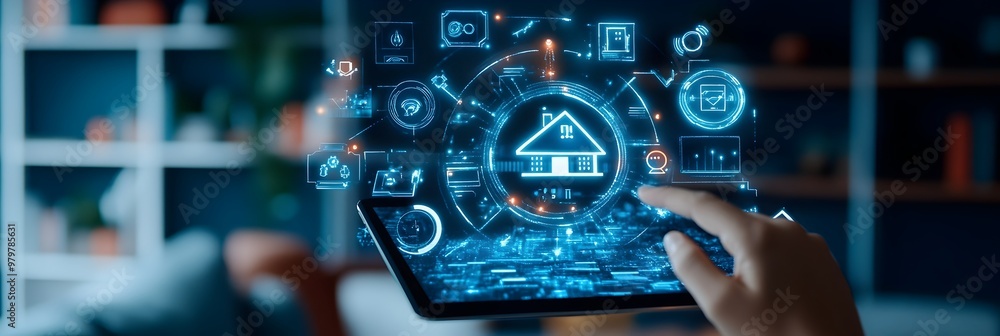 Poster modern smart home technology tablet interface controlling various features