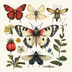 Naklejka premium Watercolor Illustration of Butterflies Insects and Flowers