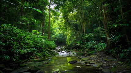 An old broken marble stream in the core of a lush canopy of trees covered with dense bush growth