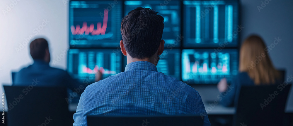 Poster a team analyzing data with multiple screens displaying charts and graphs in a modern office environm
