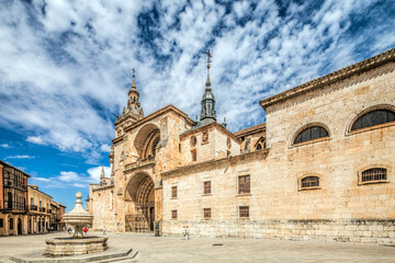 Cathedral Facade in El Burgo De Osma Under a Vibrant Sky in Soria, Spain