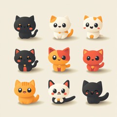 Fototapeta premium Cute Cartoon Cats Set Adorable Cat Illustration Kawaii Pet Animals Digital Clipart Pe