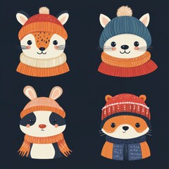 Cute Animals Wearing Winter Hats and Scarves   Illustration