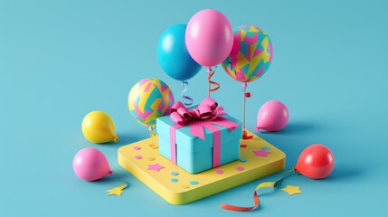 Birthday Celebration with Colorful Balloons and Gift