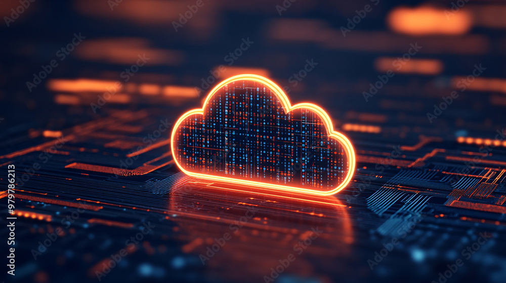 Poster a vibrant digital cloud symbol glowing on a circuit board, representing technology, data storage, an