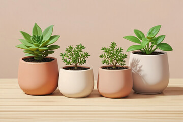 Assorted succulents in handmade clay pots stand on a light stone table on the terrace. Bright sunlight. Shadows. Retro style and colors. Cacti Crassula Echeveria Lithops Aichrizon.