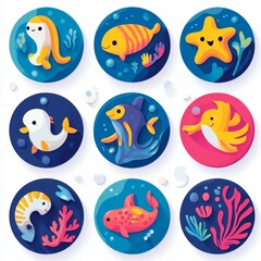 Cute Cartoon Sea Life Icons Set