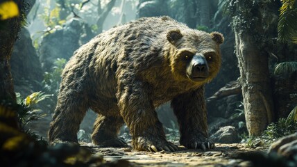 Fototapeta premium Revived giant ground sloth in a simulated prehistoric environment with advanced habitat features and tech enhancements.