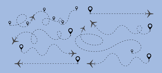 Airplane line path vector design, Air plane flight route with line trace vector illustration. Dashed route travel concept, Airplane line path vector