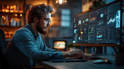 Graphic designer using AI tools to enhance a digital marketing campaign in a well-lit modern workspace.