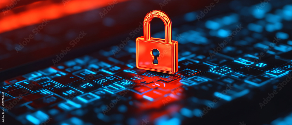 Poster a vibrant lock on a digital keyboard, symbolizing cybersecurity and data protection in the modern di