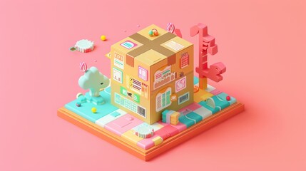A 3D Cartoon Illustration of a Cardboard Box on a Colorful Platform