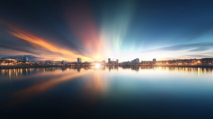Night sky, aurora dancing above city skyline, urban serenity.