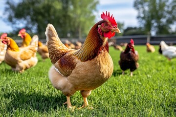 Fototapeta premium Farm animals such as chickens and ducks roaming freely around the farmyard