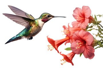 Obraz premium Hummingbird hovering near a flower, showcasing the agility of small birds ,Isolated on transparent background.,Isolated on transparent background