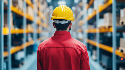 A warehouse worker in safety gear inspects inventory shelves, showcasing a commitment to safety and organization in logistics.