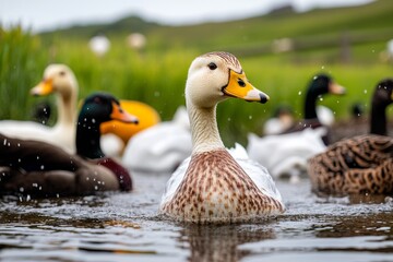 Farm animals such as ducks and geese waddling around a small pond on the farm