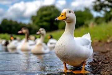 Farm animals such as ducks and geese waddling around a small pond on the farm