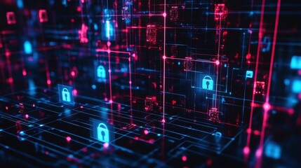 Futuristic Cybersecurity Data Network with Lock Symbols