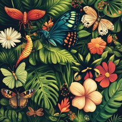 Fototapeta premium Tropical Jungle Flowers and Butterflies Seamless Pattern