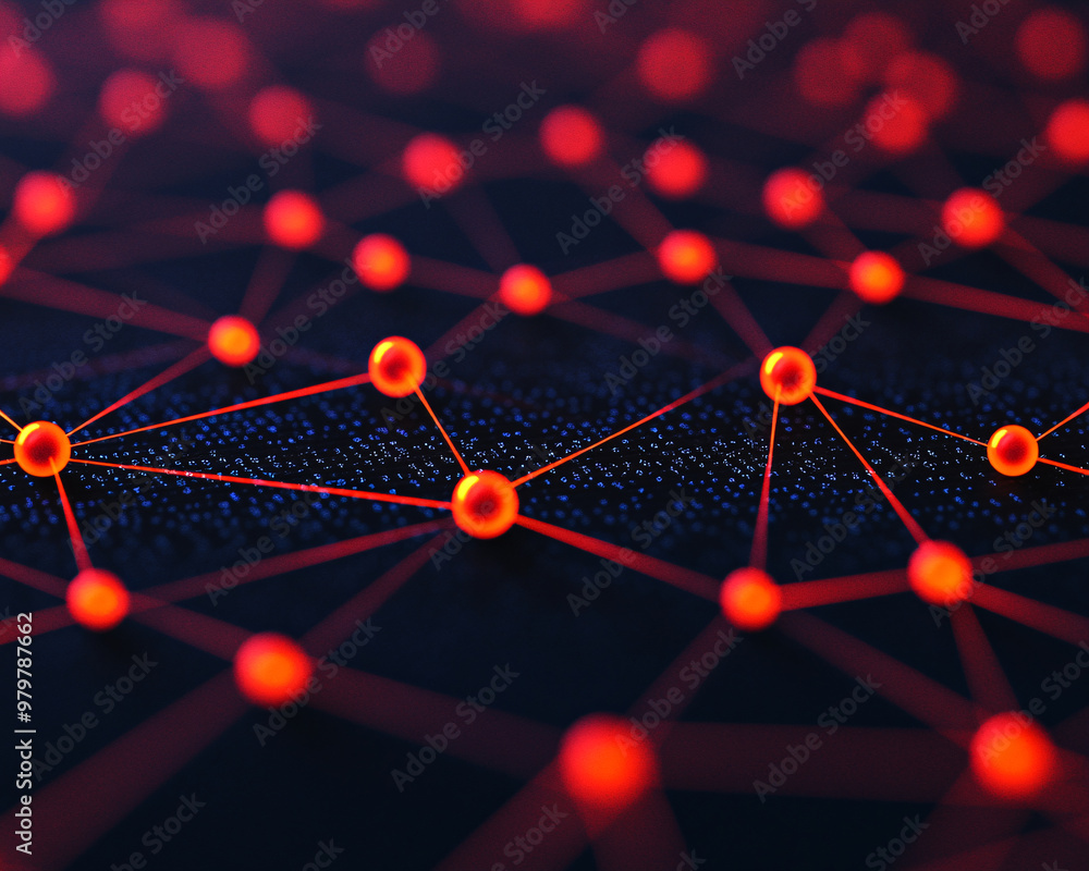 Poster abstract network design featuring interconnected nodes and glowing red lines against a dark backgrou