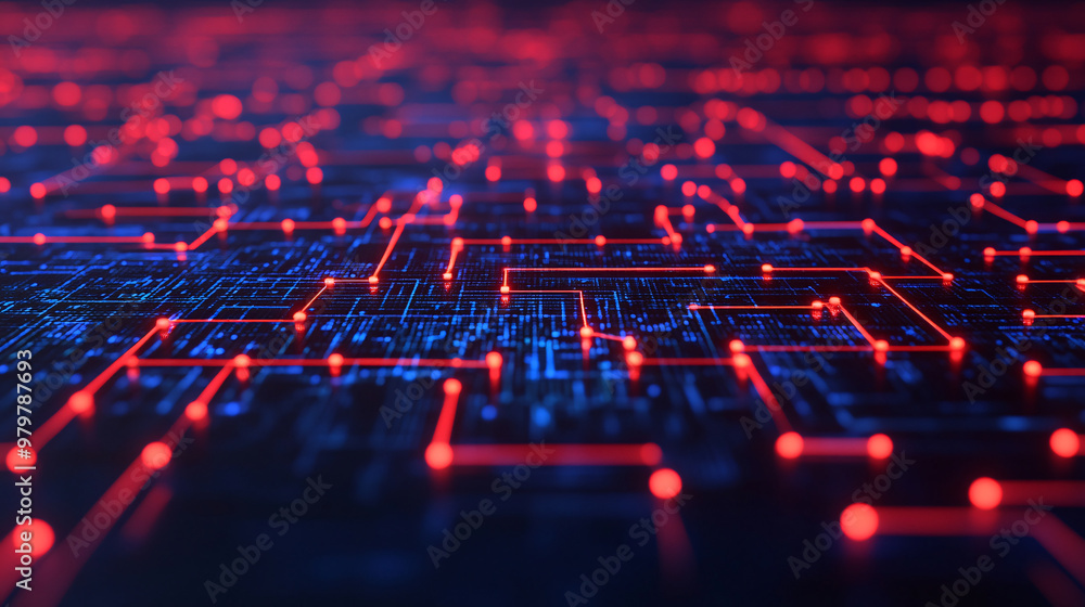 Aufkleber abstract representation of technology, featuring vibrant red and blue lines representing digital cir