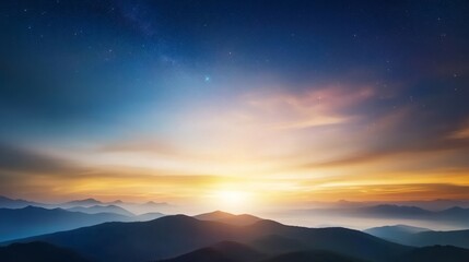 Fototapeta premium Night sky glowing with stars, distant horizon, soft clouds, serene darkness.