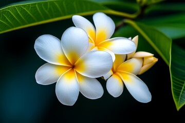 Fototapeta premium Frangipani blossoms in Hawaii, their fragrant white and yellow petals glowing under the tropical sun