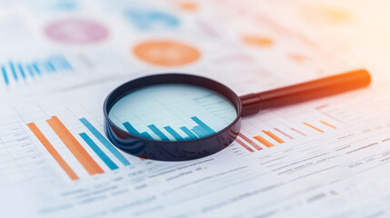 Close-up of a magnifying glass over a financial report, highlighting charts and data for detailed analysis and business insights.
