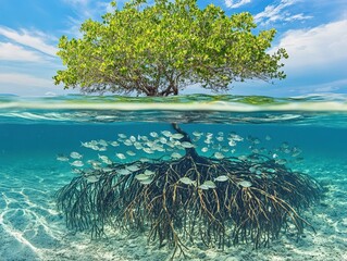 Obraz premium Mangrove: Split View of Mangrove Tree in Caribbean Sea with Underwater Roots and School of Fish
