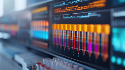 Dynamic data visualization on screens in a laboratory showcasing advanced analytics and testing processes.