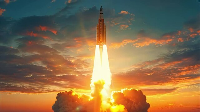 A rocket launching into a colorful sunset sky, with flames and smoke billowing from its engines.