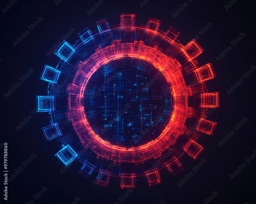 Aufkleber futuristic abstract design featuring glowing red and blue circular patterns against a dark backgroun
