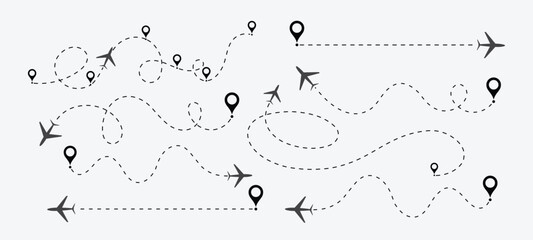 Airplane line path vector design, Air plane flight route with line trace vector illustration. Dashed route travel concept, Airplane line path vector