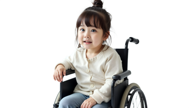 Smiling young girl sitting in a wheelchair on a black background, cheerful portrait. - Powered by Adobe