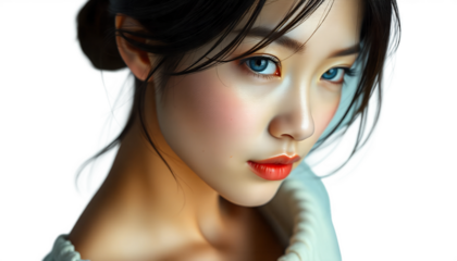 Close-up portrait of a woman with dramatic lighting on a black background, intense gaze.