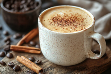 Cup of cinnamon coffee with frothy cream, surrounded by coffee beans and cinnamon sticks on a rustic wooden surface.