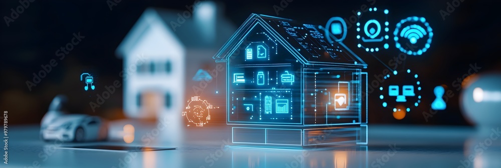 Poster sleek smart home tablet interface controlling integrated home automation features