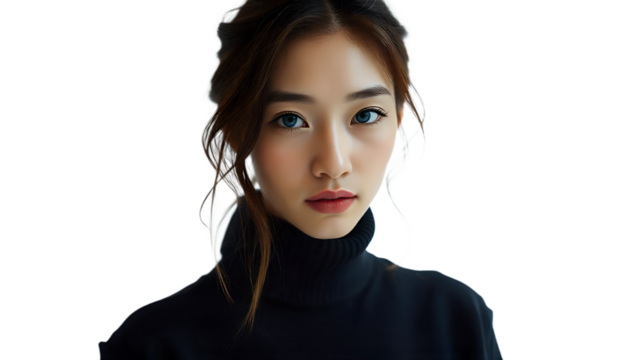 Woman in a black turtleneck sweater looking serious on a black background, thoughtful expression portrait.