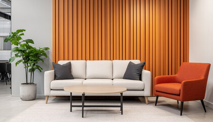 Modern living room featuring a sleek sofa, stylish armchair, and vibrant decor with a warm wood accent wall.