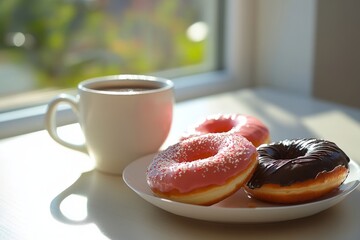 A cozy morning with vibrant donuts and a warm cup of coffee. Enjoy the sweetness and the comfort of this delightful treat. Perfect for breakfast. Generative AI