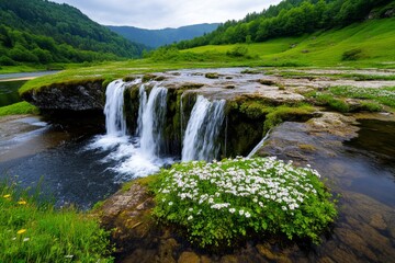 Fototapeta premium Majestic waterfall in spring, surrounded by blooming wildflowers and lush greenery