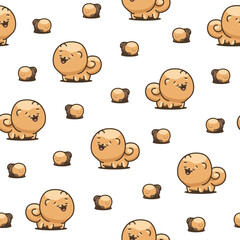 Cute kawaii pomeranian dog. Seamless pattern. Cartoon character. Vector drawing. Design ornaments.