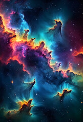 Fototapeta premium A stunning view of a colorful nebula in space, showcasing swirling clouds of gas and dust in shades of pink, blue, and purple, with bright stars scattered throughout the scene.