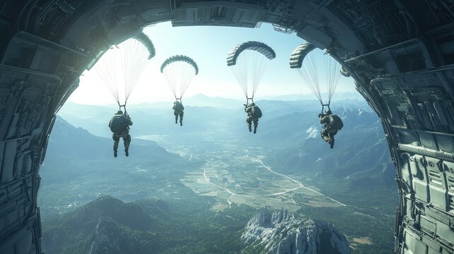 Soldiers parachuting from plane. Clear sky, open landscape below.