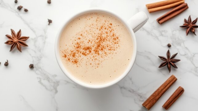 White mug filled with a frothy, spiced latte topped with cinnamon, surrounded by star anise, cinnamon sticks, and black peppercorns on a marble surface
