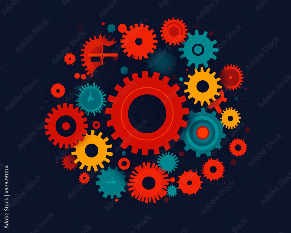 Poster vibrant gears in various colors create a dynamic and engaging design, perfect for industrial and tec