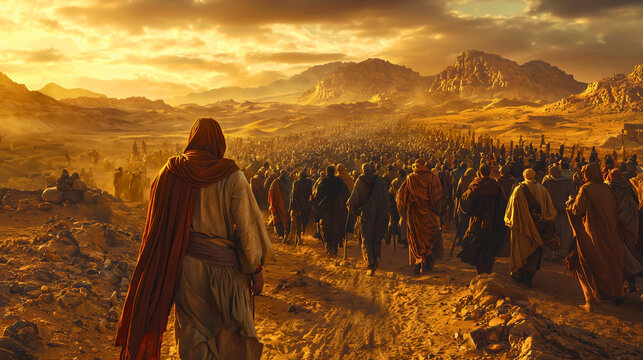 The image depicts the biblical event of Moses leading his Jewish people to the promised land through the desert, as commanded by God.