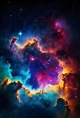 Fototapeta premium A stunning view of a colorful nebula in space, showcasing swirling clouds of gas and dust in shades of pink, blue, and purple, with bright stars scattered throughout the scene.