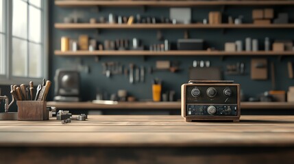 A vintage radio sits on a wooden table, surrounded by tools and a well-organized workspace, reflecting creativity and nostalgia.